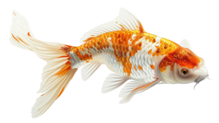 A high-resolution image of a vibrant orange and white koi fish with intricate scales, swimming gracefully with flowing fins and tail.
