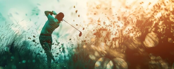 Silhouette of a golfer swinging a club in a colorful abstract background.