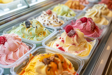 various flavors of gelato ice cream in showcase ice cream shop