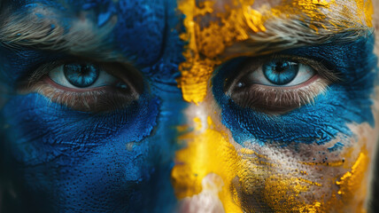 Naklejka premium Swedish Soccer Fan, Face Painted with National Flag