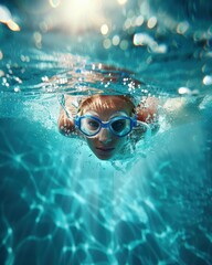 Naklejka premium A child swims underwater in a pool on a sunny day, wearing goggles and enjoying the refreshing blue water. Ideal for summer and recreation themes.