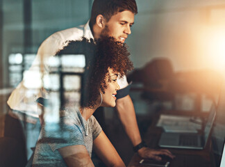 Collaboration, glass and web design with business people in office together at night for assistance...