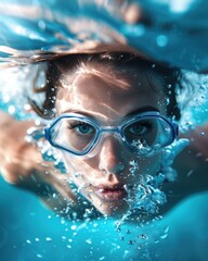 Naklejka premium Close-up of a swimmer underwater with goggles, capturing the intensity and beauty of aquatic motion in a vibrant blue environment.