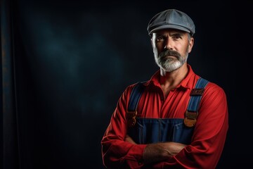 Obraz premium A man in a red shirt and blue overalls is standing in front of a dark background