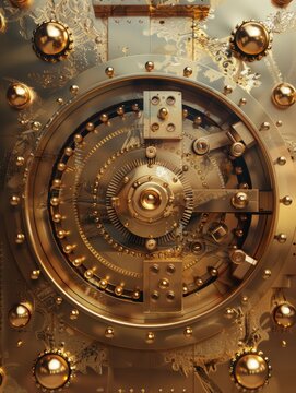 Financial security concept. A detailed close-up of a bank vault door with intricate locking mechanisms and golden tones, suggesting impenetrability and the secure protection of assets.