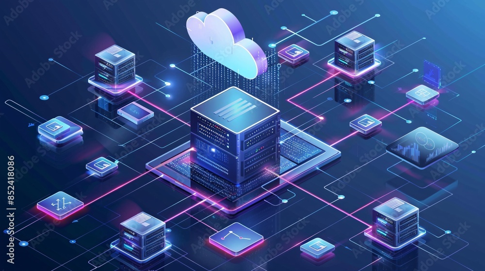 Poster a computer network with a large blue cube in the middle