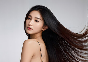 A woman with long hair is posing for a photo