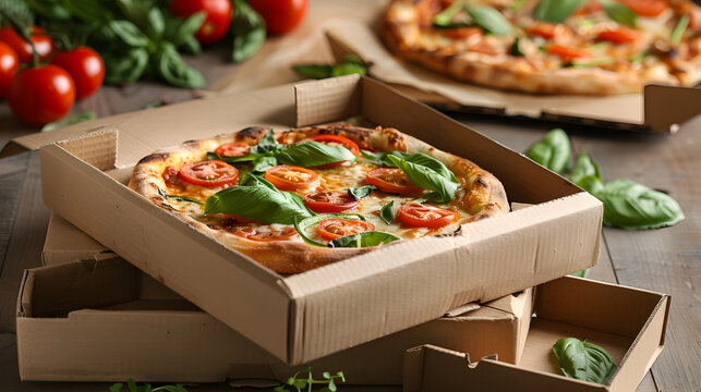 A pile of artisanal pizza boxes along with a display box