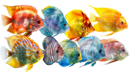 Brightly colored tropical fish collection on white background, showcasing intricate patterns and vibrant hues.