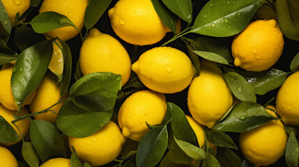 Ripe lemons with leaves as background, top view
