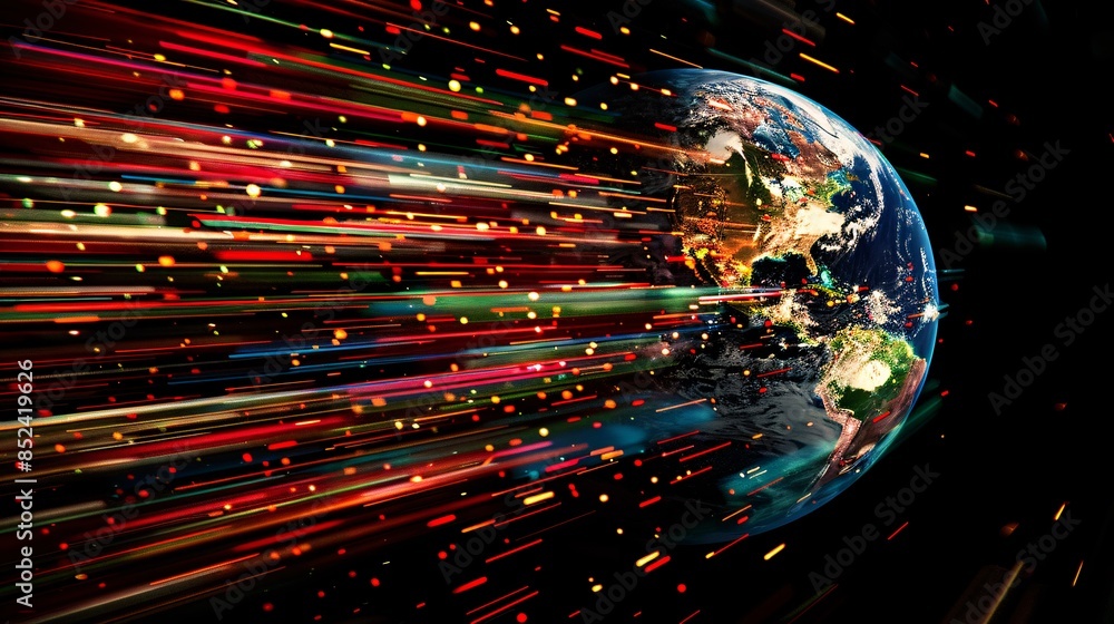 Poster a colorful planet is shown in a blurry image with a trail of sparks behind it