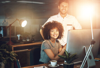 Portrait, woman and partner with computer at night office for information, research and teamwork...