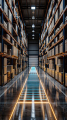 Fototapeta premium Hightech warehouse with automated logistics systems and scientific analysis stations, holographic charts, clean and modern, photorealistic 3D render