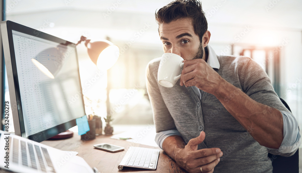 Poster coffee, office and portrait of business man at desk with computer for finance analytics, research an