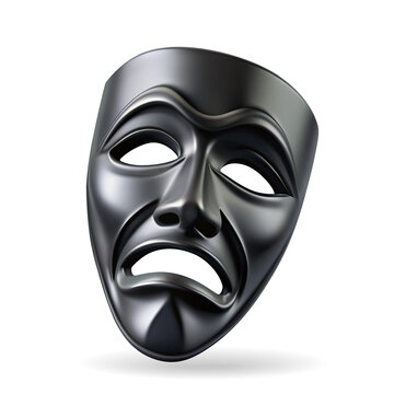 Black theatrical sad mask isolated on white background.