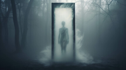Enigmatic Figure Illustration Standing at the Edge of a Misty Forest Portal
