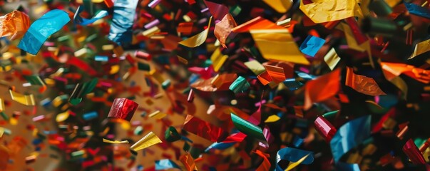 Fototapeta premium A close-up image of confetti falling after a celebration, showcasing a vibrant mix of colors and shapes