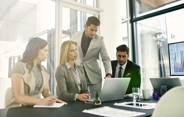 Naklejka premium Group, people and laptop for business meeting in corporate as consultant in accounting firm or bank in workshop or office. Team, statistics and tech in collaboration for company, growth and finance