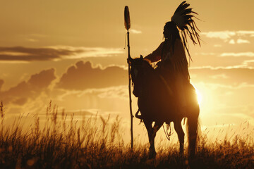 Silhouette of Native American Chief on Horseback at Sunset