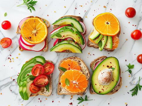 High Resolution Top View of Tostas with Fresh Fruits and Vegetables on Marble Background