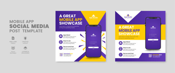 apps promotion social media post and web banner template with smartphone mock up vector illustration. Corporate Business advertisement cover banner design layout