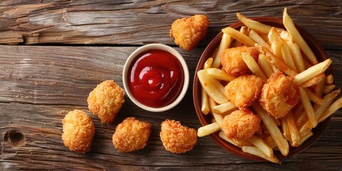 Crispy Chicken Nuggets and French Fries with Ketchup