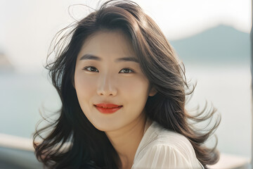 Fototapeta premium A woman with long hair and a red lipstick is smiling
