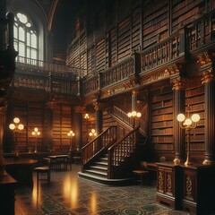 A grand library interior showcases classic architecture with towering bookshelves, ornate woodwork, and a majestic staircase. Warm lighting and vintage lamps create a cozy and scholarly atmosphere