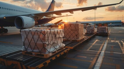 Obraz premium Air cargo containers being loaded onto an airplane, illustrating logistics and transportation.