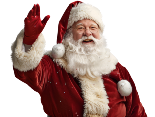 Joyful Santa Claus in a red suit waving cheerfully, spreading holiday spirit and Christmas cheer.