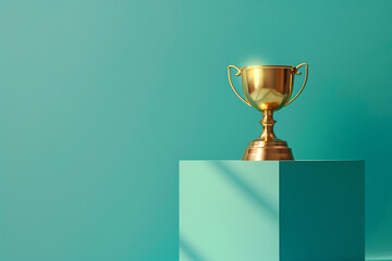 A golden trophy cup on a pedestal and teal plain background. Generative AI