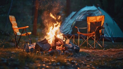Cozy night scene with a bonfire, folding chairs, and a tent, perfect for a camping trip.

