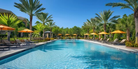 Fototapeta premium Stunning landscape, swimming pool blue sky with clouds. Tropical resort hotel
