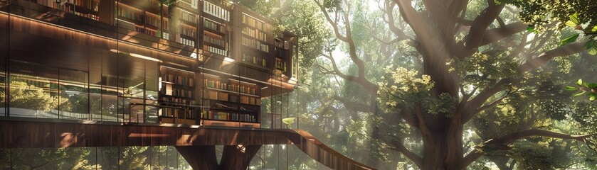 Giant Treehouse Library, Slides Instead of Stairs, Reading Nooks in Treetops, Whimsical Bookshelves, Enchanting Storytelling Space, Magical Forest Classroom, AI-generated 3D render