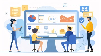 A group of people are working on a computer monitor with a lot of graphs
