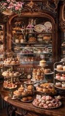 A charming vintage bakery filled with an array of beautifully displayed pastries, cakes, and desserts on elegant stands and shelves.
