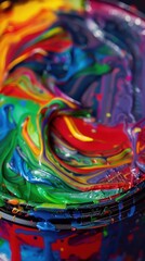 Fototapeta premium A vibrant swirl of colorful paint in a can creates a mesmerizing blend of hues, perfect for artistic inspiration.