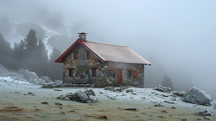 Cottages in the forest and fog, National park Stolby. Krasnoyars