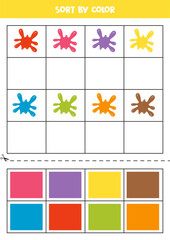 Sort pictures by color. Colorful paint blobs. Game for kids. Cut and glue.