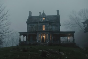 Obraz premium A foggy scene features an ominous, old-fashioned house with a dimly lit porch, surrounded by bare trees, evoking a haunting and eerie atmosphere.