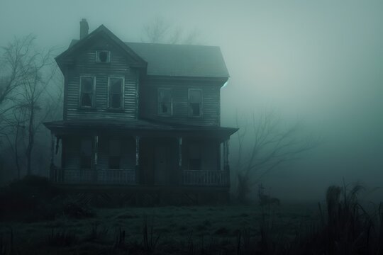 An old, abandoned house stands in a foggy environment, surrounded by eerie, leafless trees.