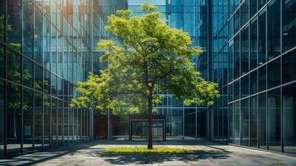A well-kept tree stands surrounded by modern glass office buildings, illuminated by sunlight on a clear day.