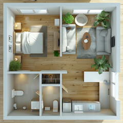 Modern apartment floor plan showing living room, bedroom, bathroom, and kitchen