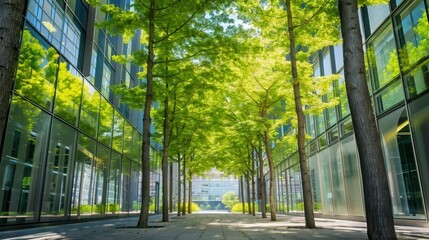 A serene alley lined with tall, green trees and modern buildings with reflective glass windows, creating a harmonious urban nature scene.