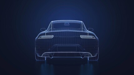 A modern car's rear view, depicted in white light lines and illuminated tail lights.

