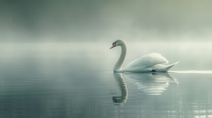 A majestic white swan gliding across the surface of a calm, reflective lake.