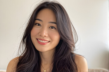 Naklejka premium A woman with long hair is smiling and wearing a necklace
