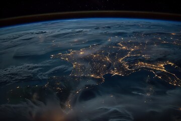 A stunning view of Earth from space, showcasing city lights across Europe at night, with the curvature of the planet and a blanket of clouds.