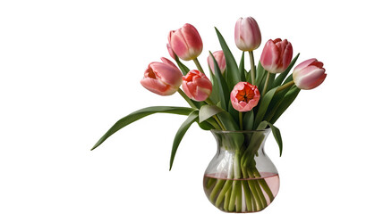 bouquet of tulips. pink tulips in vase on isolated transparent or white backgroud, png
