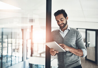 Business, office and man with tablet, typing and internet for online news, connection and research...